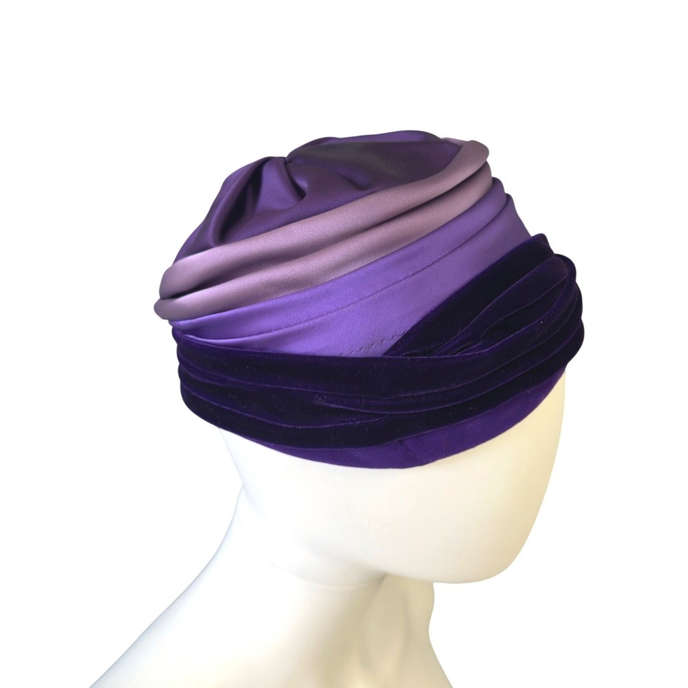 Vintage 50s 60s Purple Ombre Velvet Satin Turban Pillbox Toque Hat JS